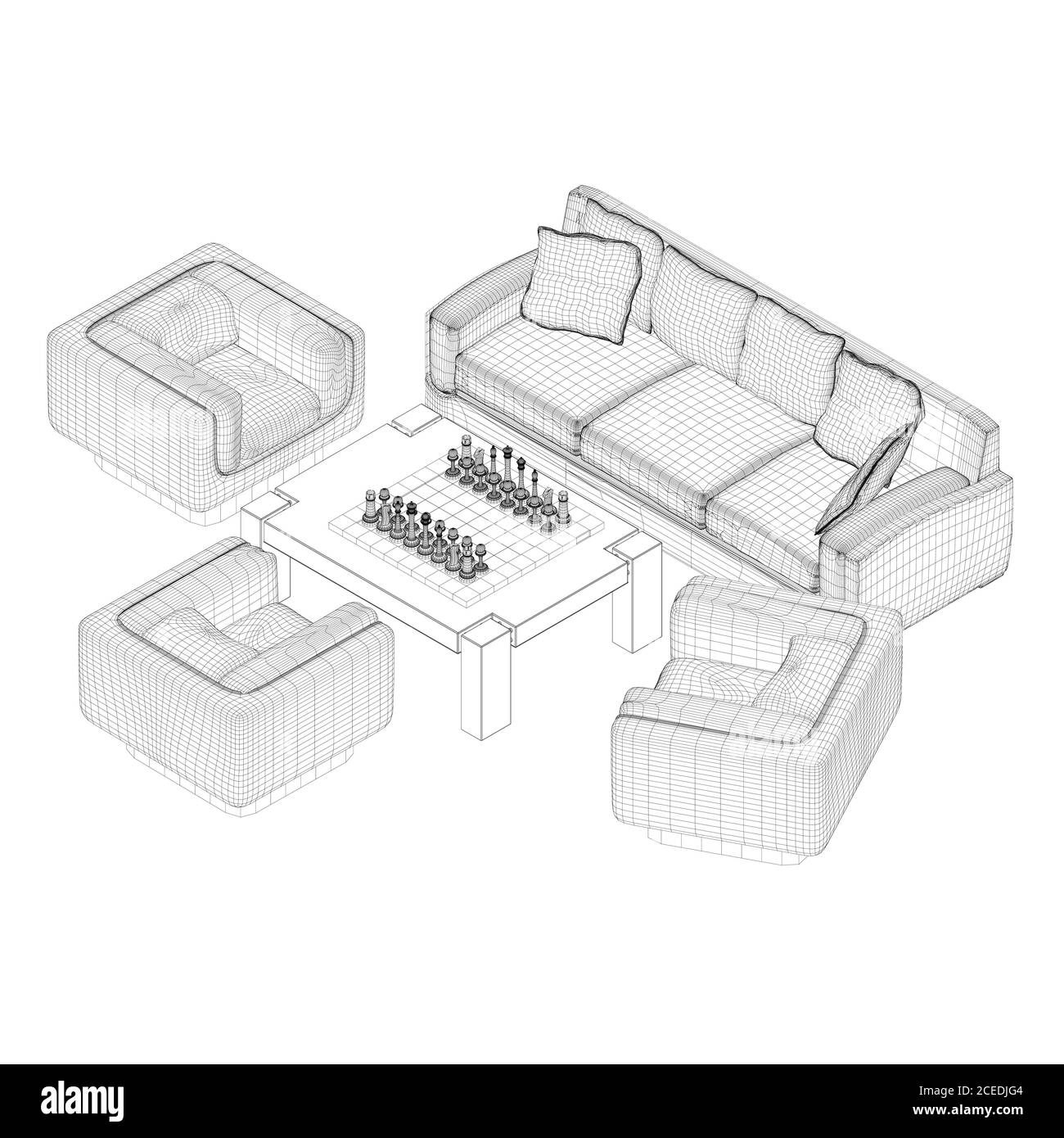 Wireframe Sofa, Sessel und Tisch mit Schach. Isometrische Ansicht. 3D. Vektorgrafik Stock Vektor