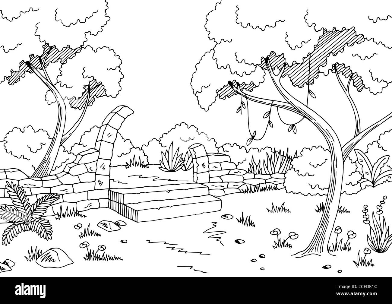 Dschungel Ruine Grafik schwarz weiß Landschaft Skizze Illustration Vektor Stock Vektor