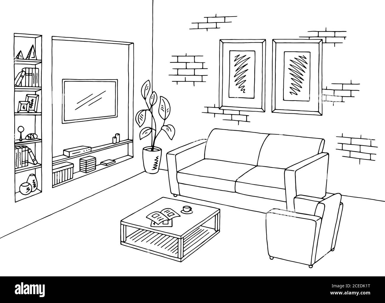 Wohnzimmer Grafik schwarz weiß Interieur Skizze Illustration Vektor  Stock-Vektorgrafik - Alamy