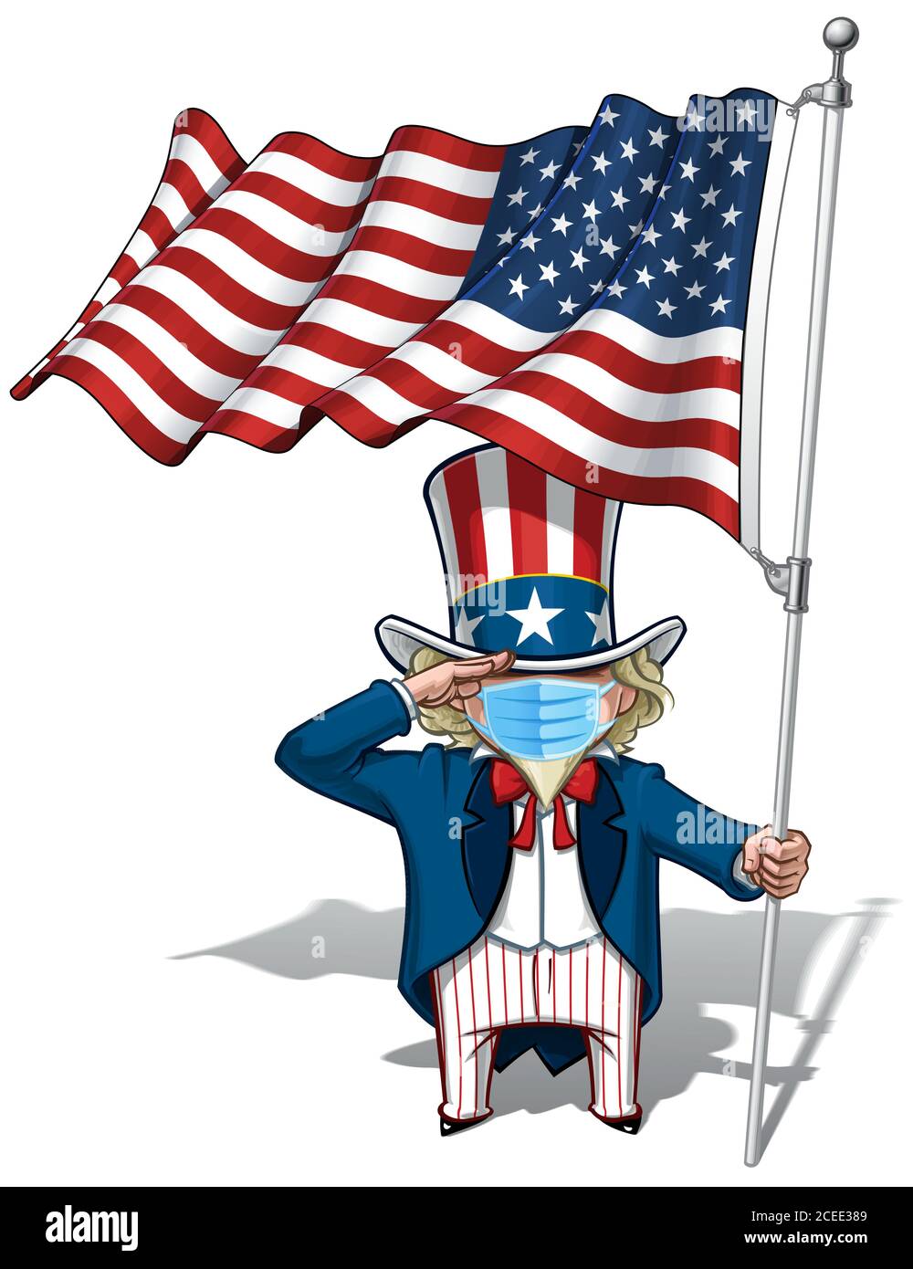 Vektor-Illustrationen eines Zeichentrickfilms Onkel Sam, Saluting, hält eine winkende amerikanische Flagge, trägt eine chirurgische Maske. Alle Elemente ordentlich in gut definierten la Stock Vektor