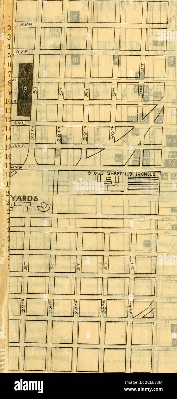 . Der Einkaufsführer von Greater Birmingham ... 39 Post 40 Hotel Florenz – , 41 Alabama Trust & Savings Co.^2 f E. K. Forbes Piano Company Guarantee Shoe Company 43 Farley Building 44 Spencer Business College 45 First National Bank Building 46 Alan Jemison 47 Hotel Jefferson 48 Batterton Coffee Company 49 St. Nicholas Hotel 50 Virginia Theatre 51 Abbott & Bro. 52 Friedman & Company 53 Kmpire Building 54 J. R. Brown Cigar Store 55 Brown-Marx Building 56 Jefferson County Savings Bank 57 Strickland & OBarr 58 B. R. t. & P. Co., Bürogebäude 59 Birmingham Realty Company 60 Martin Plumbi Stockfoto