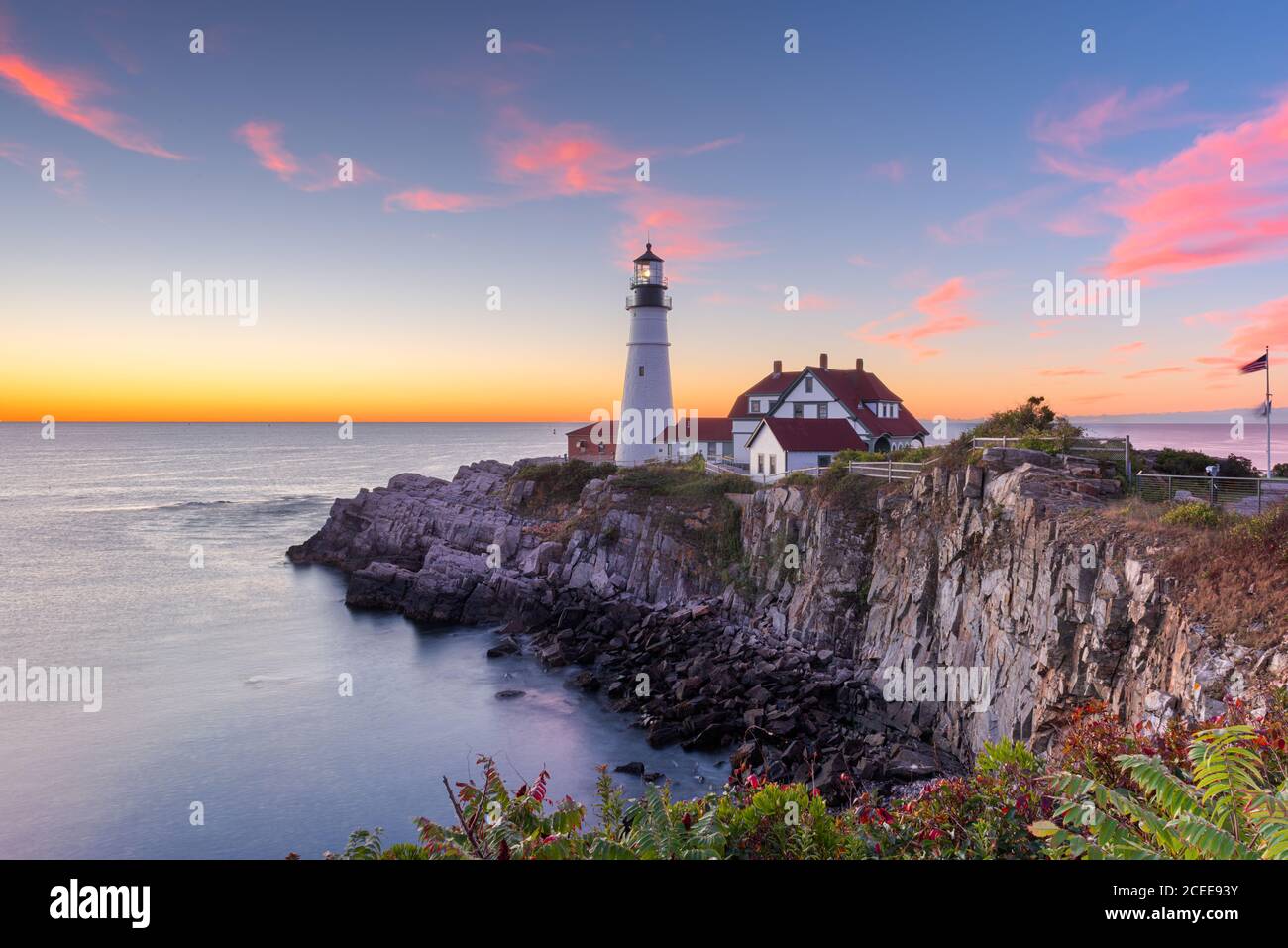 Portland, Maine, USA bei Portland Head Light am Morgen. Stockfoto