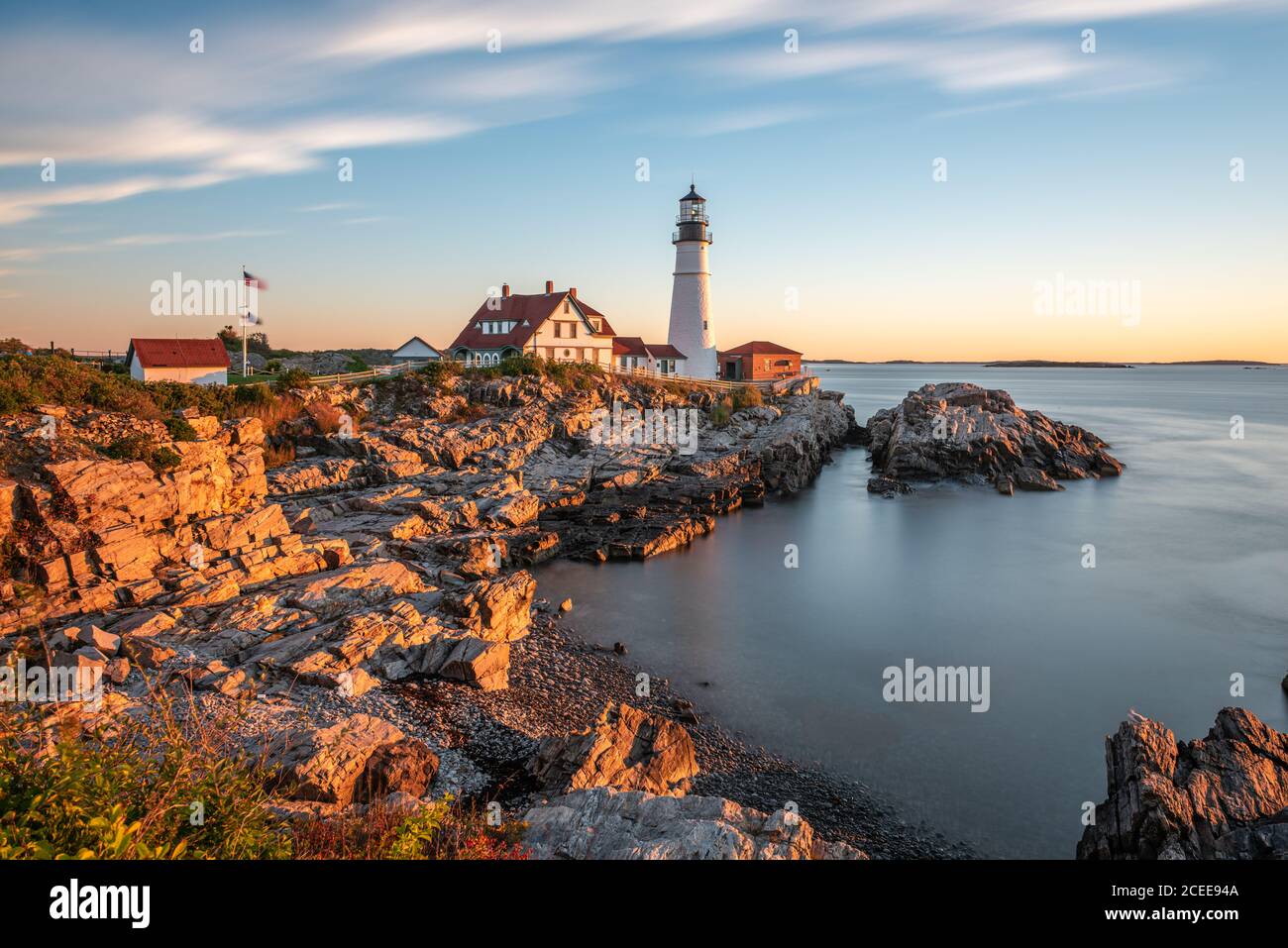 Portland, Maine, USA bei Portland Head Light am Morgen. Stockfoto