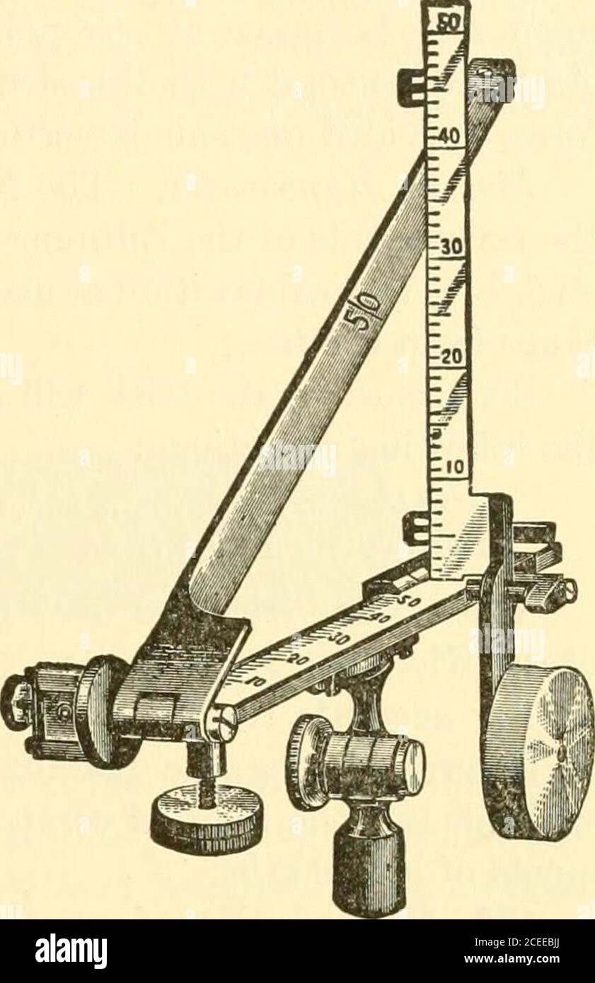 . Waldmensuration. Gleichschenklige Dreiecke, die durch den Einsatz von Pol gebildet werden, zur Messung der Höhe von Bäumen. DAS PRINZIP DES KLAUSNER HYPSOMETER 237 wird dazu dienen, die Höhe in Fuß oder in jeder anderen Entfernungseinheit asmeter abzulesen, da die zur Messung des Abstands von der Strecke verwendbare Maßeinheit auch für die Höhe gilt. Der Klausner Hypsonieter. Inhypsometer basierend auf ähnlichen Dreiecken, wie in Abb. 43 die Skala stellt die Baumhöhe dar, die Skala an der Basis, Abstand zum Baum. Wenn sich die Gebühr auf einem Movablearm befindet, kann sie auf der Skala bei jeder erforderlichen Entfernung eingestellt werden. Durch Sight-ing entlang AC t Stockfoto