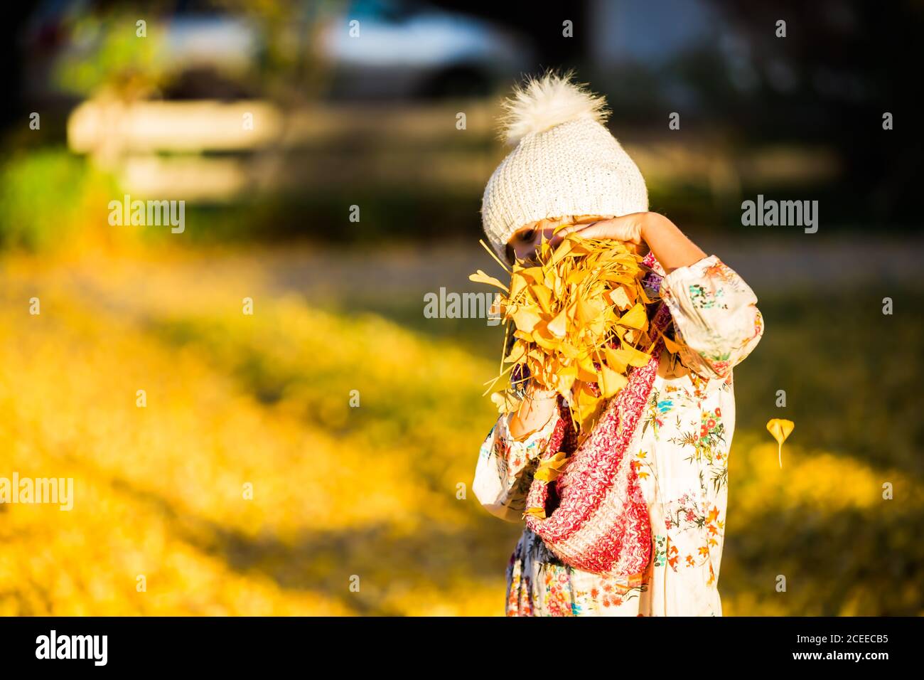 Glückliches Mädchen mit gelben Blättern Stockfoto