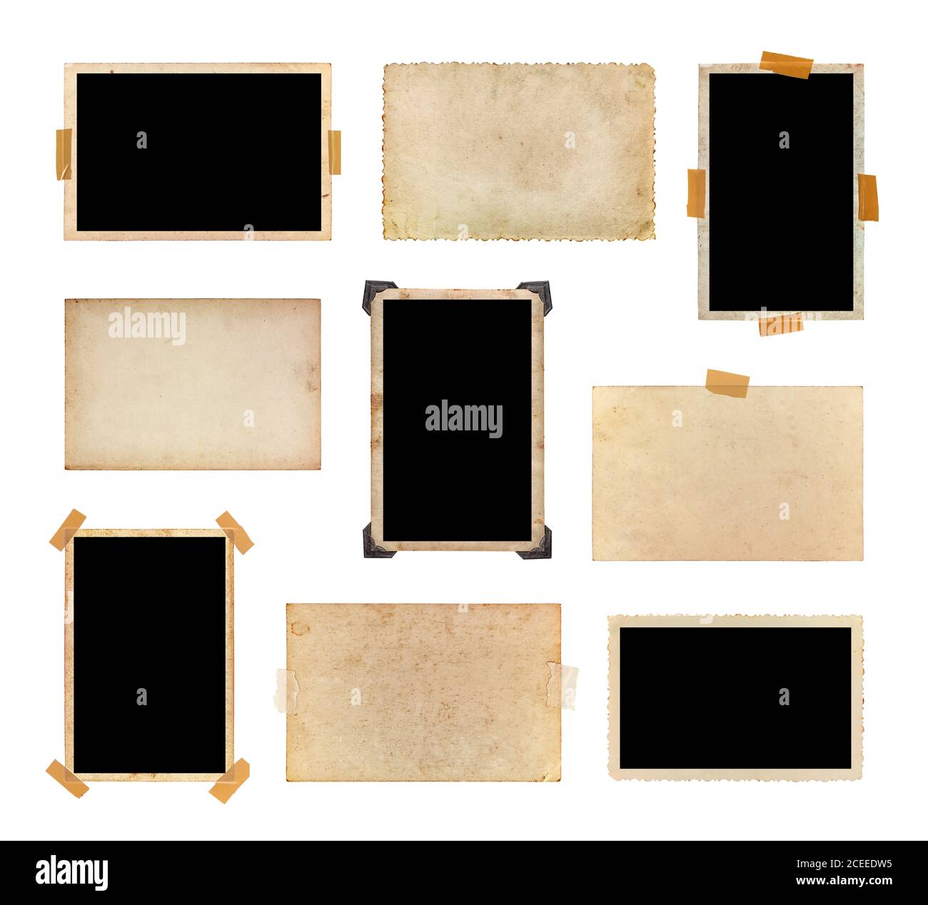 Satz von Vintage-Fotos auf weißem Hintergrund isoliert. Sammlung von alten Fotos, jedes einzelne ist separat aufgenommen. Stockfoto