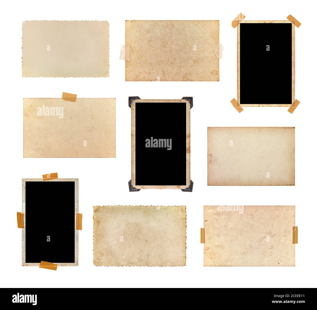 Satz von Vintage-Fotos auf weißem Hintergrund isoliert. Sammlung von alten Fotos, jedes einzelne ist separat aufgenommen. Stockfoto