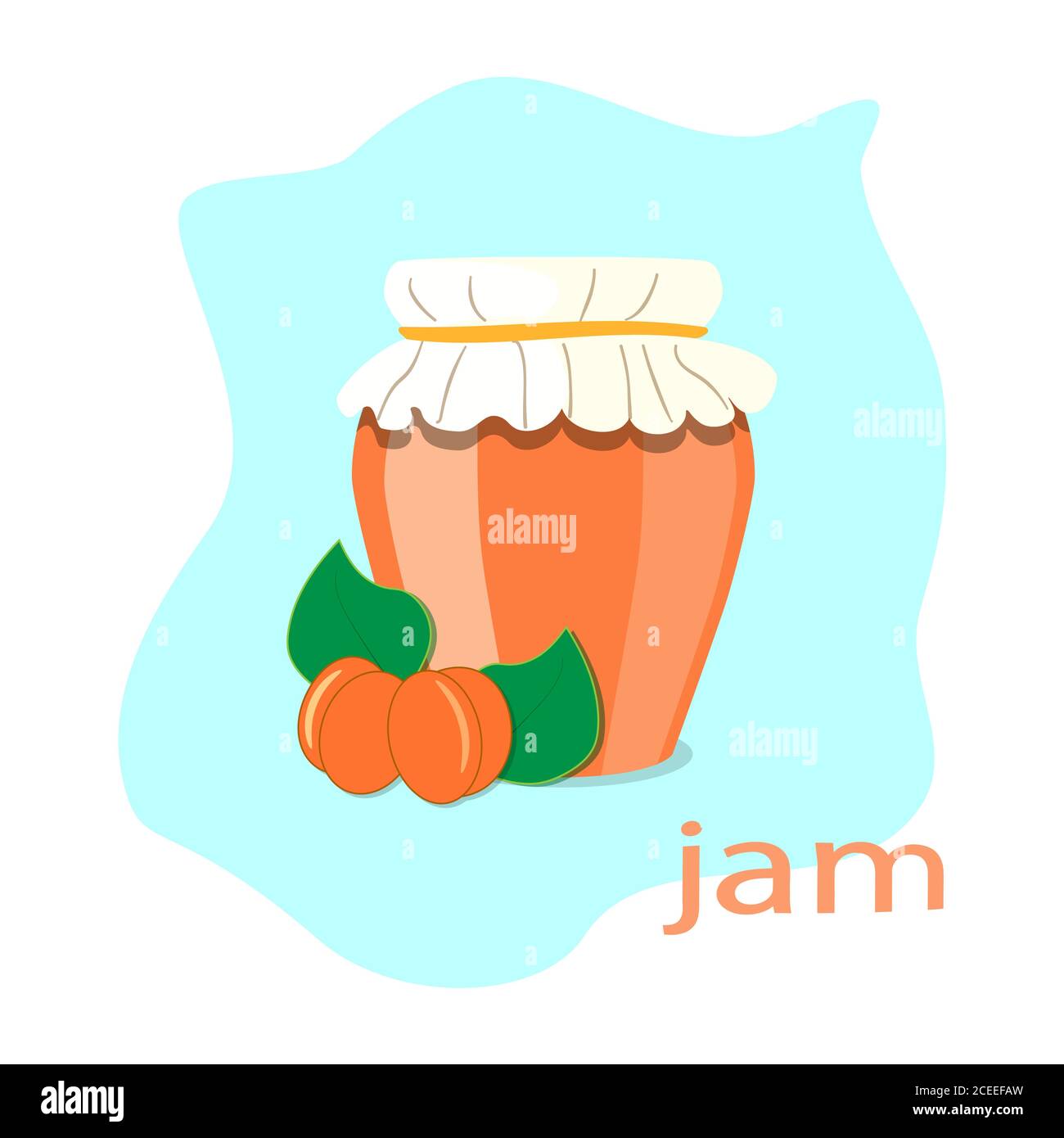 Aprikosenmarmelade in einem ovalen Glas mit Weiß geschlossen Papier unter einem Seil und zwei orange Aprikosen mit grün Blätter liegen in der Nähe des Mixbechers auf einem cyanfarbenen Hintergrund Stock Vektor
