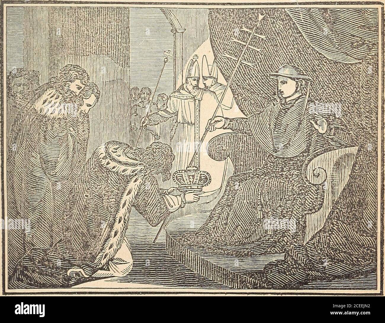 . Allgemeine geschichte des christlichen Marterthums. UBic jtaifcr £cinncf) t&gt;cr SSicrtc, with feiner ©emahün unb feinem AT&gt;ft ©regor bem «sechsten? ©U erhalten,   iefjc fcfe. SBeidjreiOung Seite 236.. 3£ie Äontg Sokann feine ßren t&gt;cm pa6jftid)en Cegaten. €)anfcotf öOcrgic^t* ©ielje bie gSefcOm&ung &lt;Seite 238. 238 om SBannc MöniQ Sokann ubergibt feine Kronen spabjt.2(m fiebtbarfien gigte fiel) tk lieber?maebt ber ^&gt;db @ie burcl) einen Fall inber   efcbicl)te Don cjnglanb. £er Irrten33ebrügen be6 Königs üjotjann muss,l;atten ber 2(bel unb bae23ölf tk Waffen Stockfoto