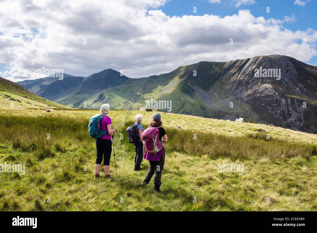 Wanderfrauen mit Blick auf Carnedd y Filiast und Mynydd Perfedd über Nant Ffrancon im Snowdonia National Park. Bethesda Wales Großbritannien Stockfoto