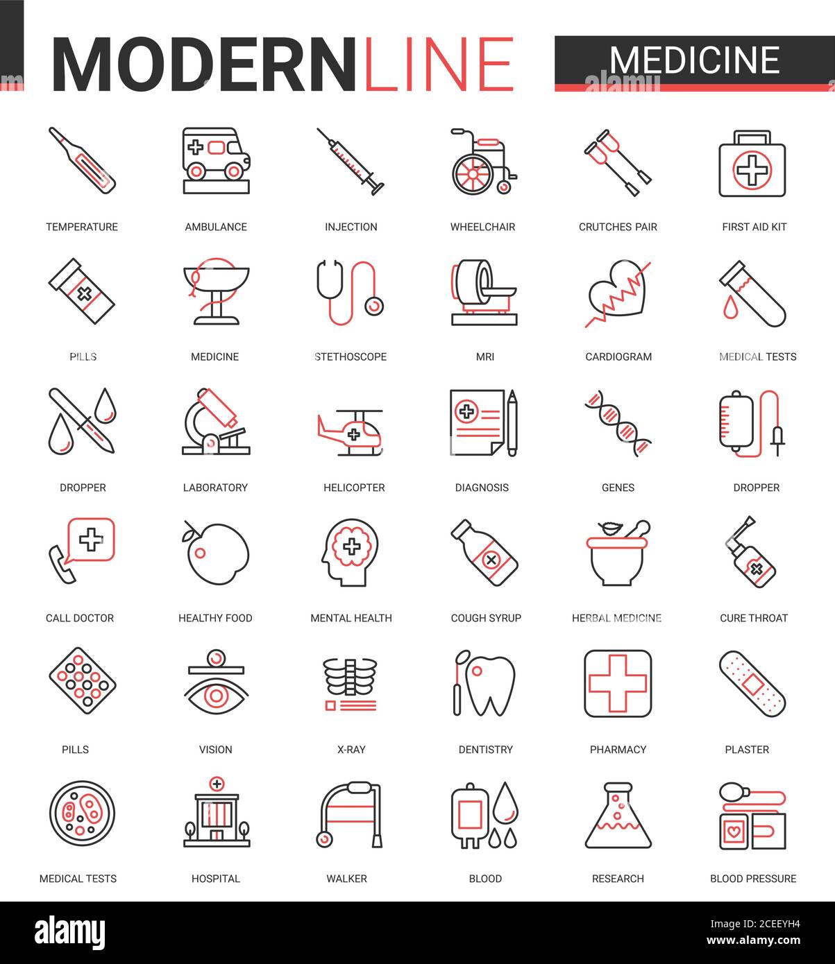 Medizin Gesundheitswesen dünne Linie Symbol Vektor Illustration Set. Rot schwarz dünne lineare Design-Kollektion, medizinische Gesundheitsversorgung Symbole für mobile Apps mit Krankenhaus Forschung Laborgeräte, Arzt Behandlung Stock Vektor