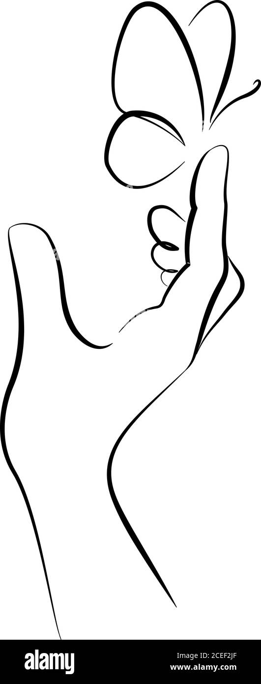 Hand mit Schmetterling am Finger. Linienkunst Zeichnungsstil mit unterschiedlicher Dicke. Schwarze lineare Skizze isoliert auf weißem Hintergrund. Vektorgrafik Stock Vektor