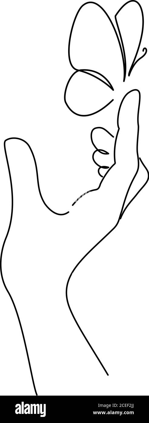 Hand mit Schmetterling am Finger. Zeichenstil für Strichzeichnungen. Schwarze lineare Skizze isoliert auf weißem Hintergrund. Vektorgrafik Stock Vektor