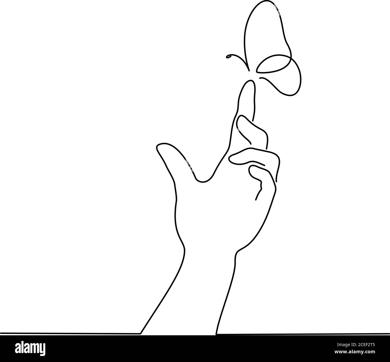 Hand mit Schmetterling am Finger. Zeichenstil für Strichzeichnungen. Schwarze lineare Skizze isoliert auf weißem Hintergrund. Vektorgrafik Stock Vektor