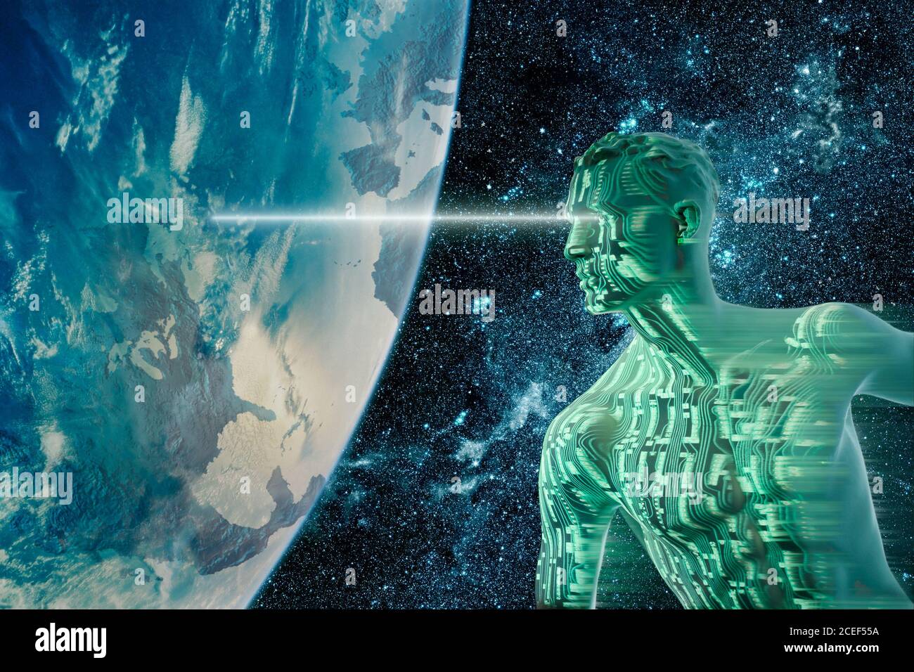 Menschliche Technologie cyborg android humanoiden Roboter über der Erde AI-Konzept Stockfoto