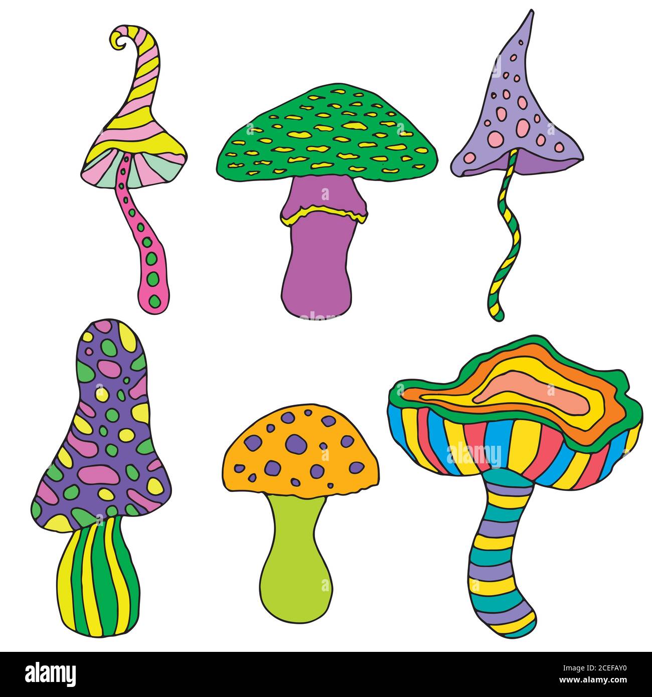Set von fantastischen, psychedelischen, dekorativen Pilzen auf weißem Hintergrund. Stock Vektor