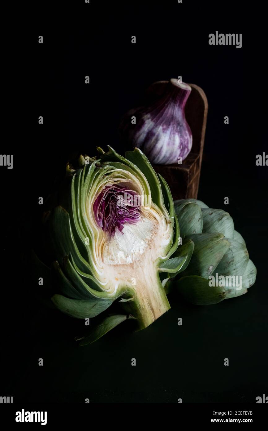 Porträt der Artischocke innen und ein Knoblauch. Ähnlichkeiten in der Farbpalette auf schwarzem Hintergrund. Stockfoto