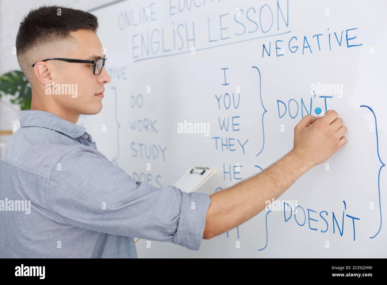 Online-Schule und Lehrer während der Quarantäne. Serious Mann in Brille schreibt Regeln des englischen auf Whiteboard Stockfoto