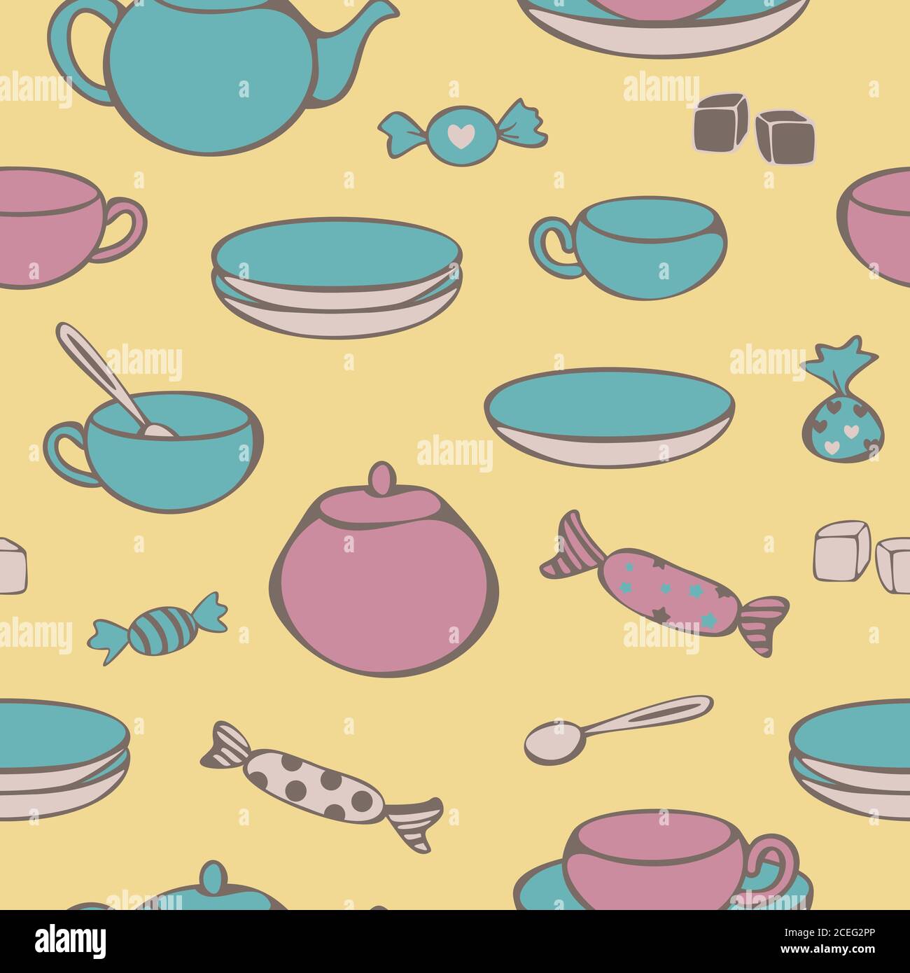 Vektor Seemless Muster von Geschirr für Tee-Trinken - Tassen, Tassen, Teekanne, Zucker Schüssel, Klumpen Zucker und Süßigkeiten. Konzept für Teeladen. Stock Vektor