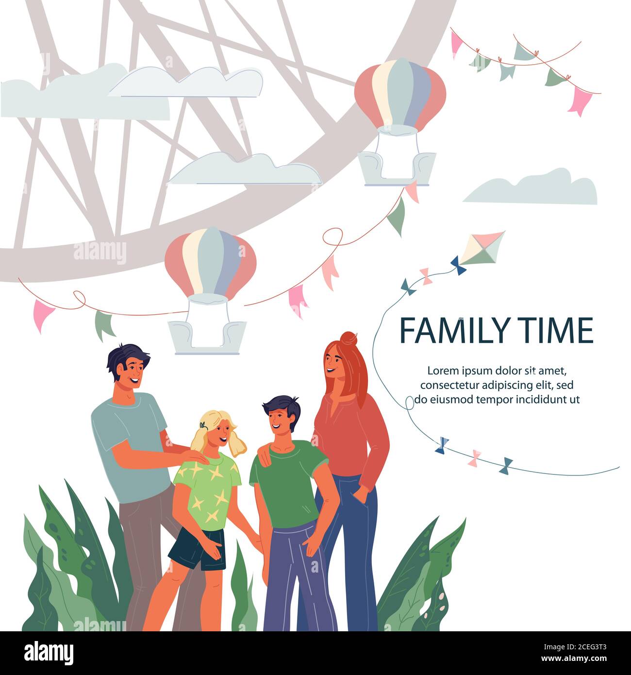 Familienzeit Poster oder Flyer Vorlage für Familienurlaub, flache Vektor-Illustration. Stock Vektor