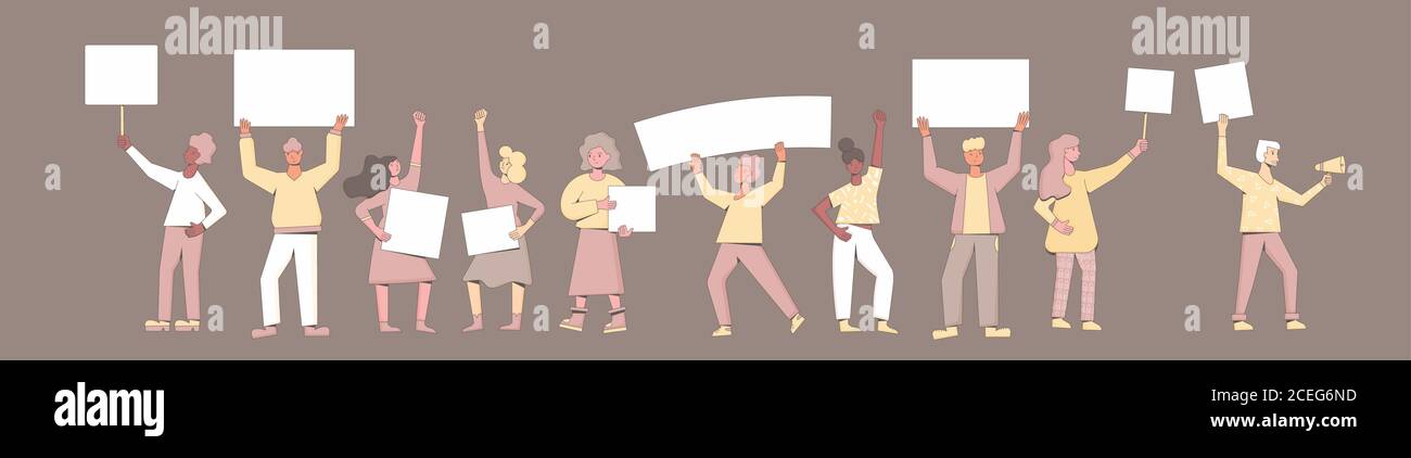 Protest. Menschenmenge mit Plakaten. Personen, die zusammen mit Rohlingen stehen. Gruppe von Männern und Frauen mit Spruchbändern, die an der Parade teilnehmen, Streikposten. S Stock Vektor