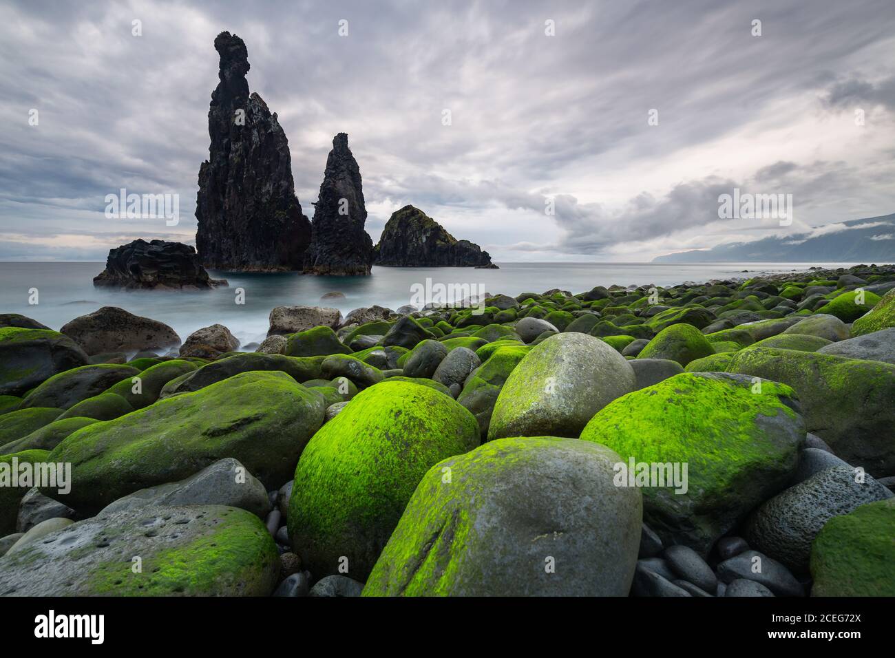 Nahaufnahme von moosigen Steinen, die an bewölktem Tag an der Küste liegen. Stockfoto
