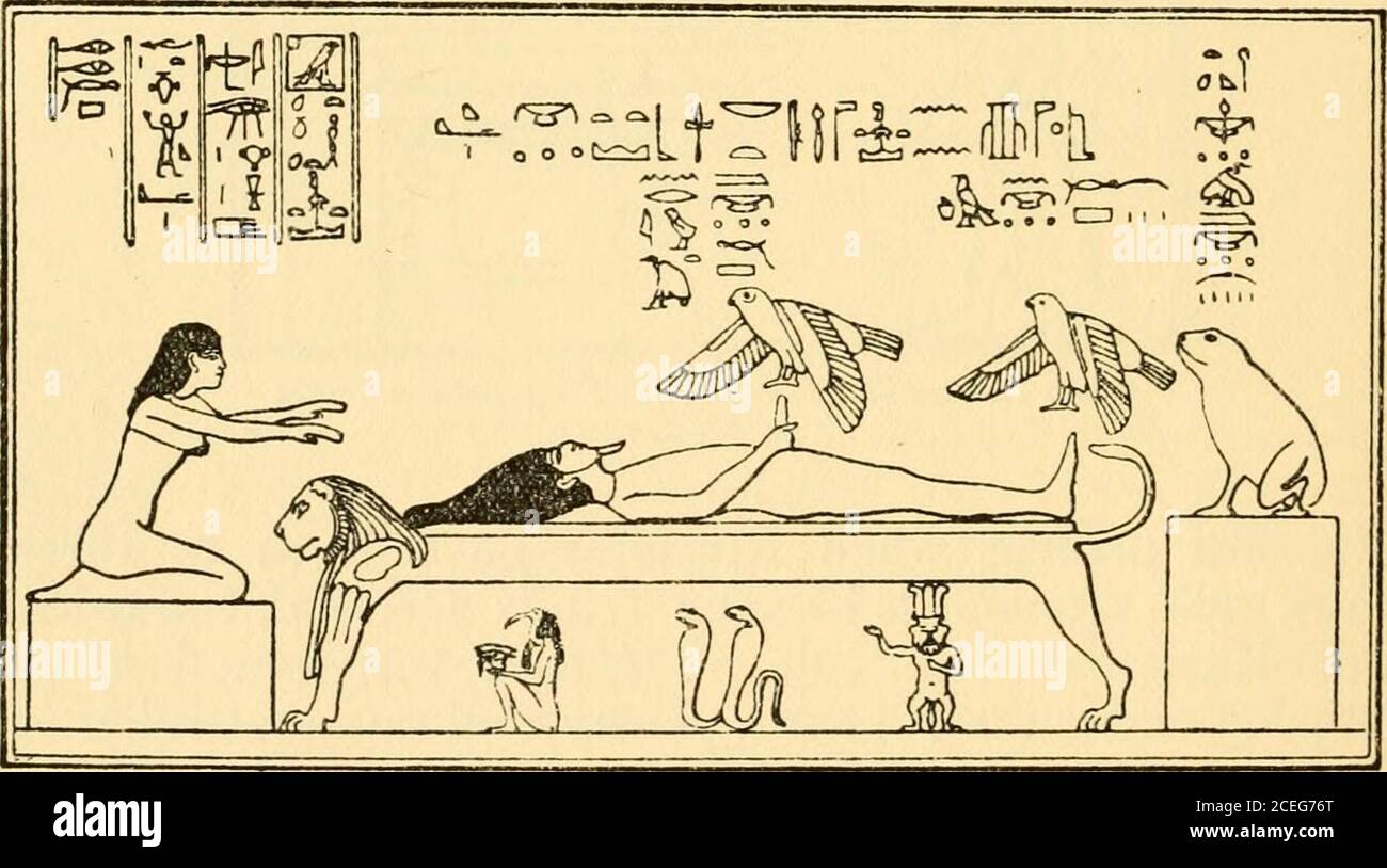 . Osiris und die ägyptische Auferstehung;. Anubis, unter der Leitung von Thoth, rekonstituiert den Körper von Osiris mit Hilfe der Froschgöttin Heqet. Nephthys sitzt am Kopf der Bahre und Isis am Fuß. Osiris bezeugt Horus durch Isis, der in der Form eines Falken ist; der zweite Falke ist Nephthys. An der Spitze der Bahre sitzt Hathor und am Fuß der FroschgoddessHeqet. Neugeburt, und auf einer christlichen Lampe, beschrieben vonLanzone,^ ist eine Figur eines Frosches umgeben von der Legende*Eyfu el/at Avacrctcrt?, Ich bin die Auferstehung. Es ist auf den ersten Blick nicht leicht zu verstehen, warum der Frosch haben sollte Stockfoto