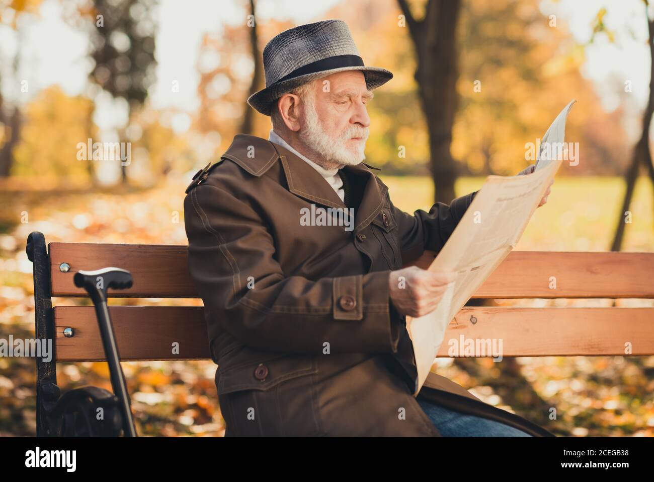 Profil Seitenfoto von seriösen alten Mann englischen Gentleman haben park morgens Freizeit Herbstspaziergang Sitzbank Zeitung lesen Lange Mütze tragen Stockfoto