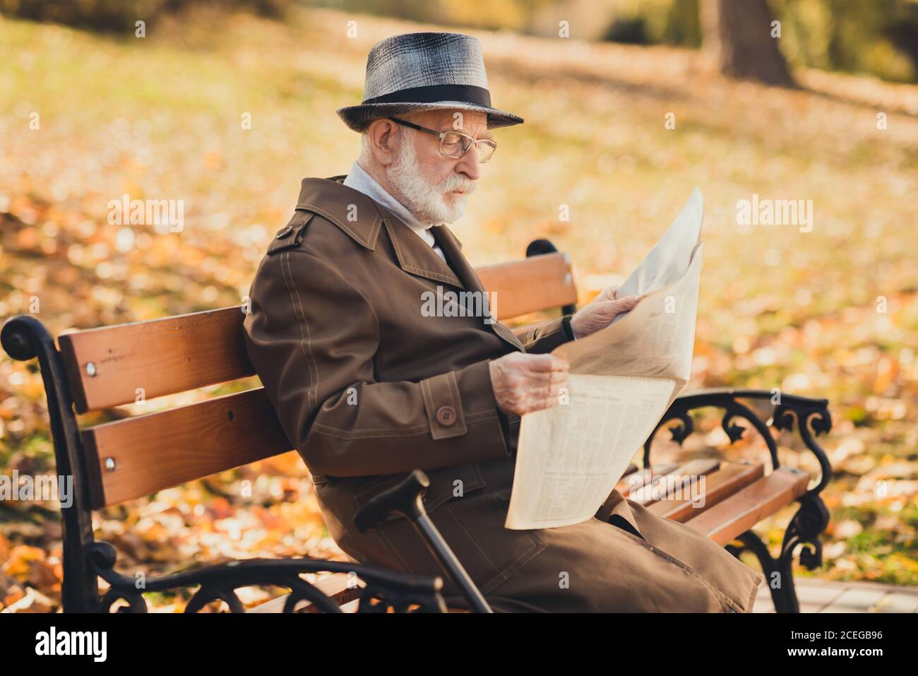 Profil Seitenfoto von seriösen alten Mann englischen Gentleman haben Herbst Park Rest entspannen sitzen Bank lesen Zeitung tragen Mütze Saison Stockfoto