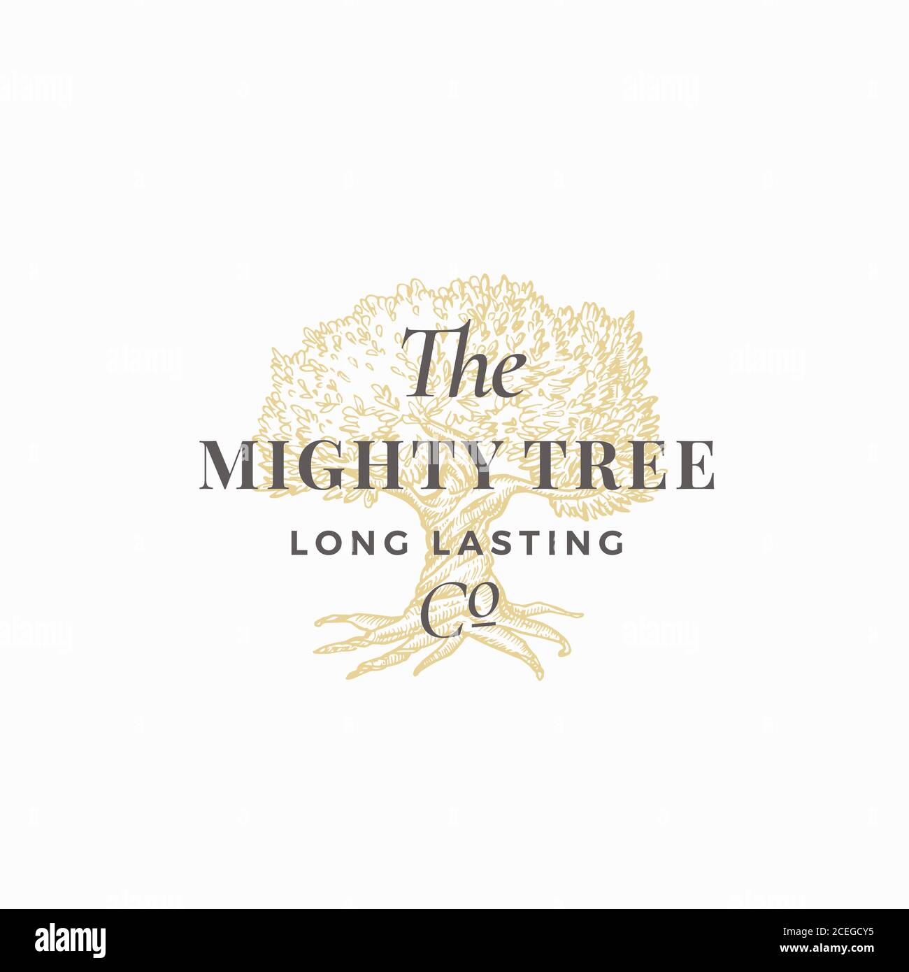 Mighty Tree Long Lasting Company abstrakte Vektor-Zeichen, Symbol oder Logo-Vorlage. Handgezeichnete Eiche Baum Skizze Silhouette mit Retro Typografie. Vintage Stock Vektor
