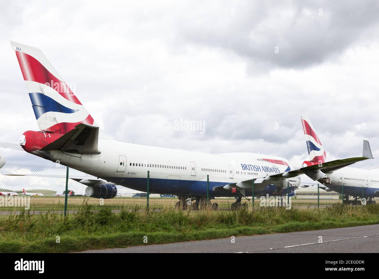 Stillgelegt, British Airways, Boeing 747, Flugzeug hinter Fechten, Ruhestand des legendären Boeing 747 Jumbo Jet Stockfoto