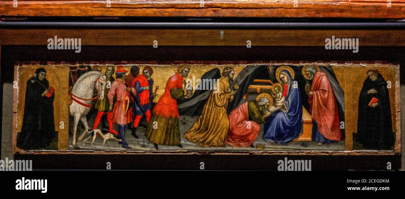 Italien Umbrien Perugia - Nationalgalerie Umbriens: Monographische Ausstellung (1362-1422) - zwei Elemente eines Triptychons von Santa Maria dei servi di Siena: Anbetung der Könige zwischen dem Seligen Francesco Patrizi und dem Seligen Gioacchino Piccolomini Stockfoto