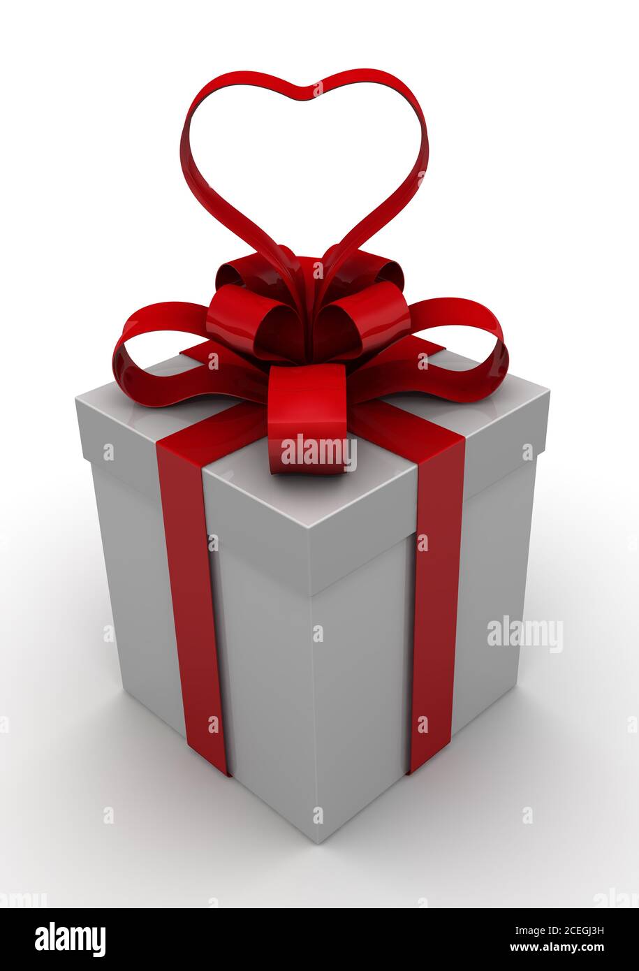 Geschenkbox mit rotem Band in Herzform auf weißer Oberfläche. 3D-Illustration Stockfoto