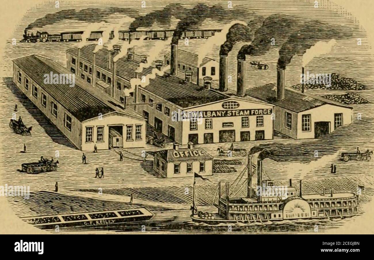 . Die Industrien von Louisville, Kentucky, und von New Albany, Indiana. Ausgestattete Geschäfte Axel) VON NEW ALBANY, INDIANA. 249 NEUE DAMPFSCHMIEDE ALBANY. Charles Sackett, President; Geo E. Sackett, Secretary and Treasurer; J. T. Wright, Superintendent, Urers of Every Description of Light and Heavy Forwings. Water Street, in der Nähe der Upper Sixth. Hersteller-. Das 1869 gegründete Unternehmen mit einem Grundkapital von 125,000 Dollar erwies sich als großer Erfolg und entwickelte sich zu einer der gigantischen Industrien Indianas, deren durchschnittliche jährliche Produktion bei 250,000 Dollar geschätzt wurde. Die Werke und Appurtenances umfassen ein Stück lan Stockfoto