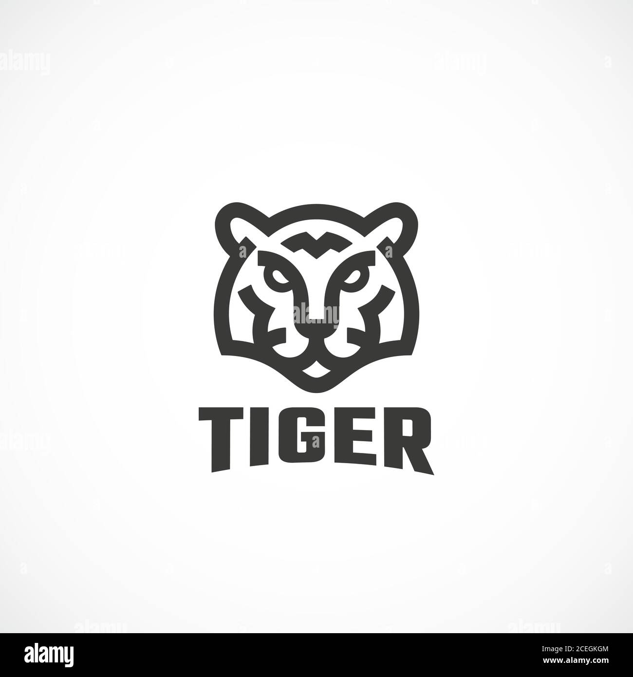 Einfache Linie Stil Tiger Gesicht abstrakte Vektor-Symbol, Symbol oder Logo-Vorlage. Wild Animal Head Silhouette mit moderner Typografie. Kreativer Raubtier Stock Vektor