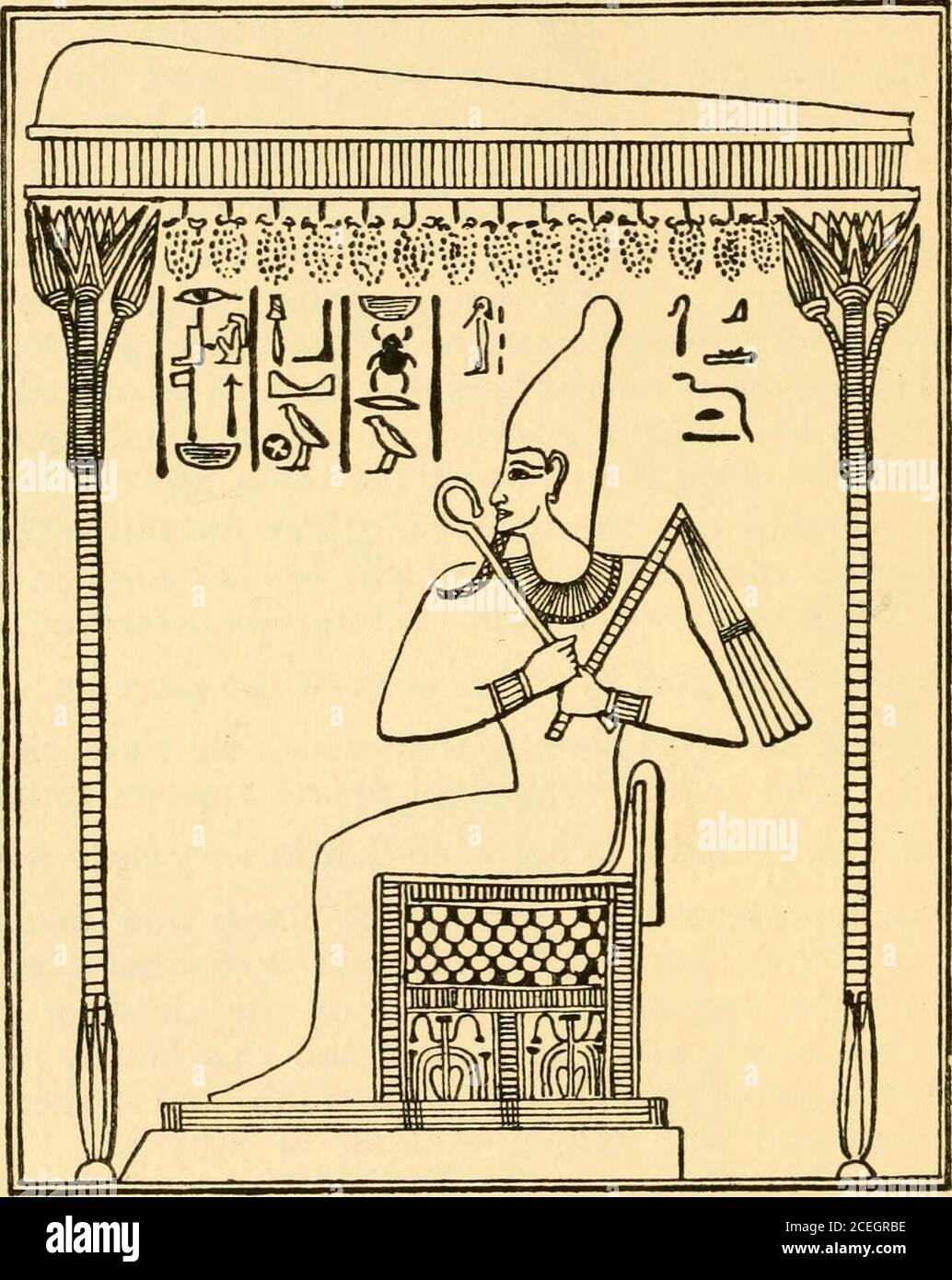 . Osiris und die ägyptische Auferstehung;. ble, daß in sehr frühen Zeiten er durch dieses Objekt allein dargestellt wurde, und daß hatte keine andere Form. Als sein Kult sich ausdehnte, nahm Osirisdie Formen der Götter der Toten der Bezirke an, durch die es ging, und deshalb ist er so eng mit Ptah und Seker von Memphis und mit Khenti-Amenti von Abydos verbunden. Theshrine^ Pa-suten-sa im British Museum. Auf dem Denkmal haben wir, in sunkrelief, eine Figur von Osiris in mumied Form, hält den Crook r, oder Zepter, in seiner rechten Hand, und die Peitsche / in der linken. Er trägt Stockfoto