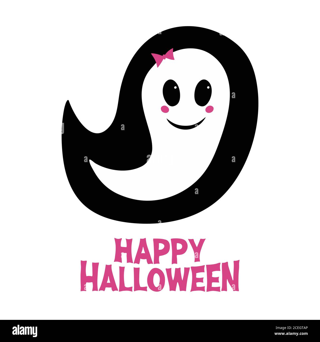 Niedliches Mädchen Geist mit rosa Rouge, Schleife und Happy Halloween Schriftzug. Weihnachtskarte. Isoliert auf weißem Hintergrund. Vektorgrafik. Stock Vektor