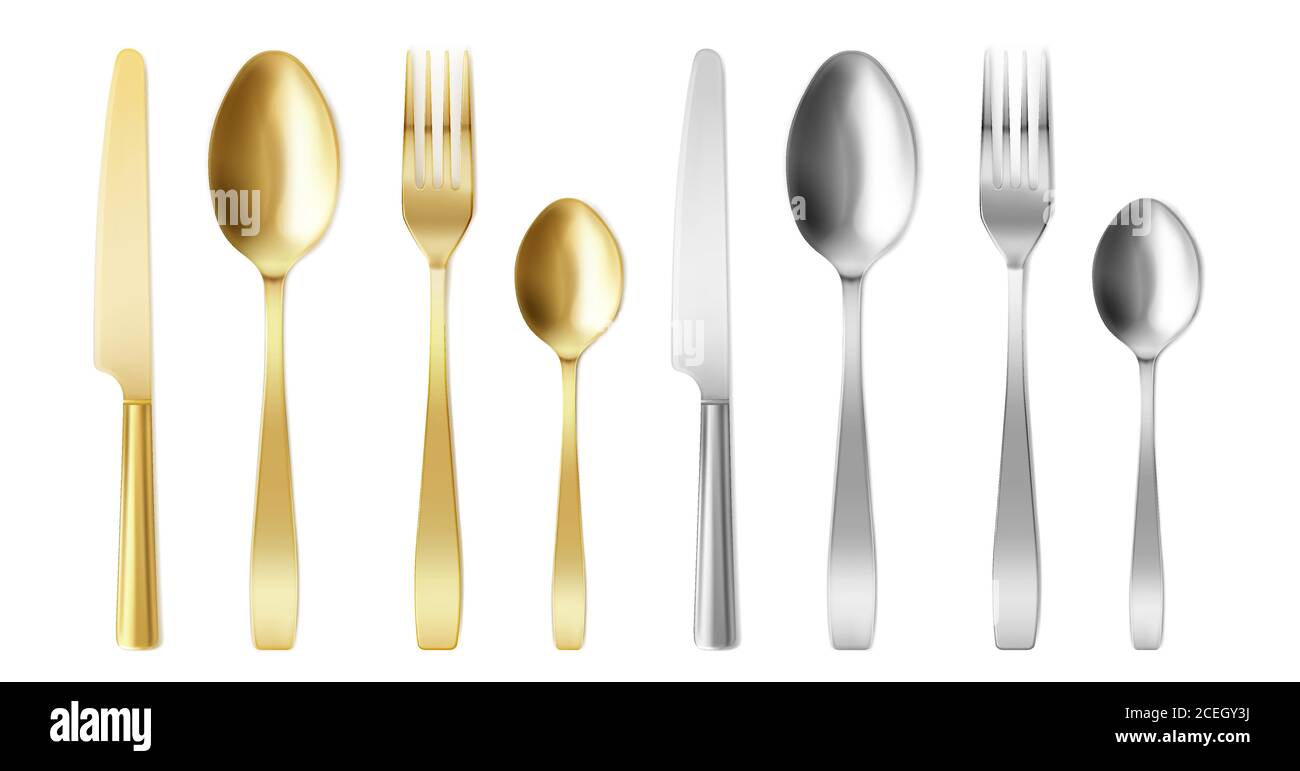 3d Besteck aus goldenen und silbernen Farbe Gabel, Messer und Löffel Set. Silber und Gold Utensil, Catering Luxus Metall Geschirr Draufsicht. Isoliert auf weißem Hintergrund, realistische Vektor-Illustration, Stock Vektor