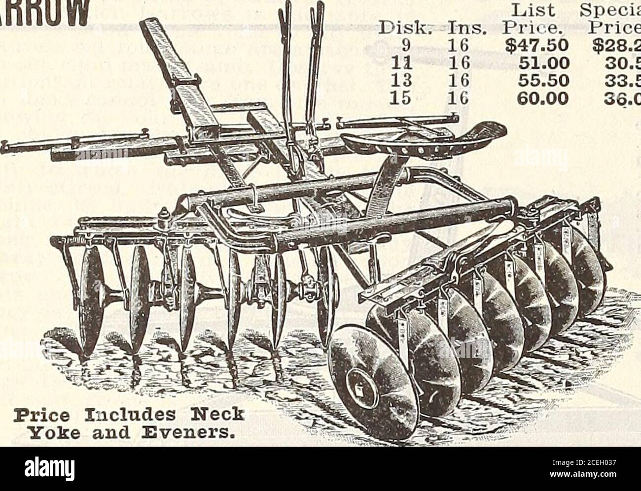 . 1916 Griffith and Turner Co. : Land- und Gartenbedarf. 170 ^ GRIFFITH <SL TURNER CO 3^ 0^ GLOCKEN GENTER-GUTHARROW ÜBERLAPPENDE SCHEIBE Unsere Liste Spezialscheibe. Ins Preis. Preis. 9 16 47.50 28.25 11 16 51.00 30.50 13 16 55.50 33.50 15 16 60.00 36.00 US-Dollar. Im Preis enthalten sind NeckYoke und Sveners. Diese Harrow kultiviert den Grat und pulverisiert den Boden von außen nach außen, so dass eine glatte Oberfläche dahinter bleibt.Es wird keine Reihe von Unkraut zwischen dem Korn geben. Diese Harrov / besteht aus Stahl Winkel und Plattform und High-Test Stahlscheiben.Eggen werden immer mit runden Scheiben unlessspecially oder ausgestattet Stockfoto