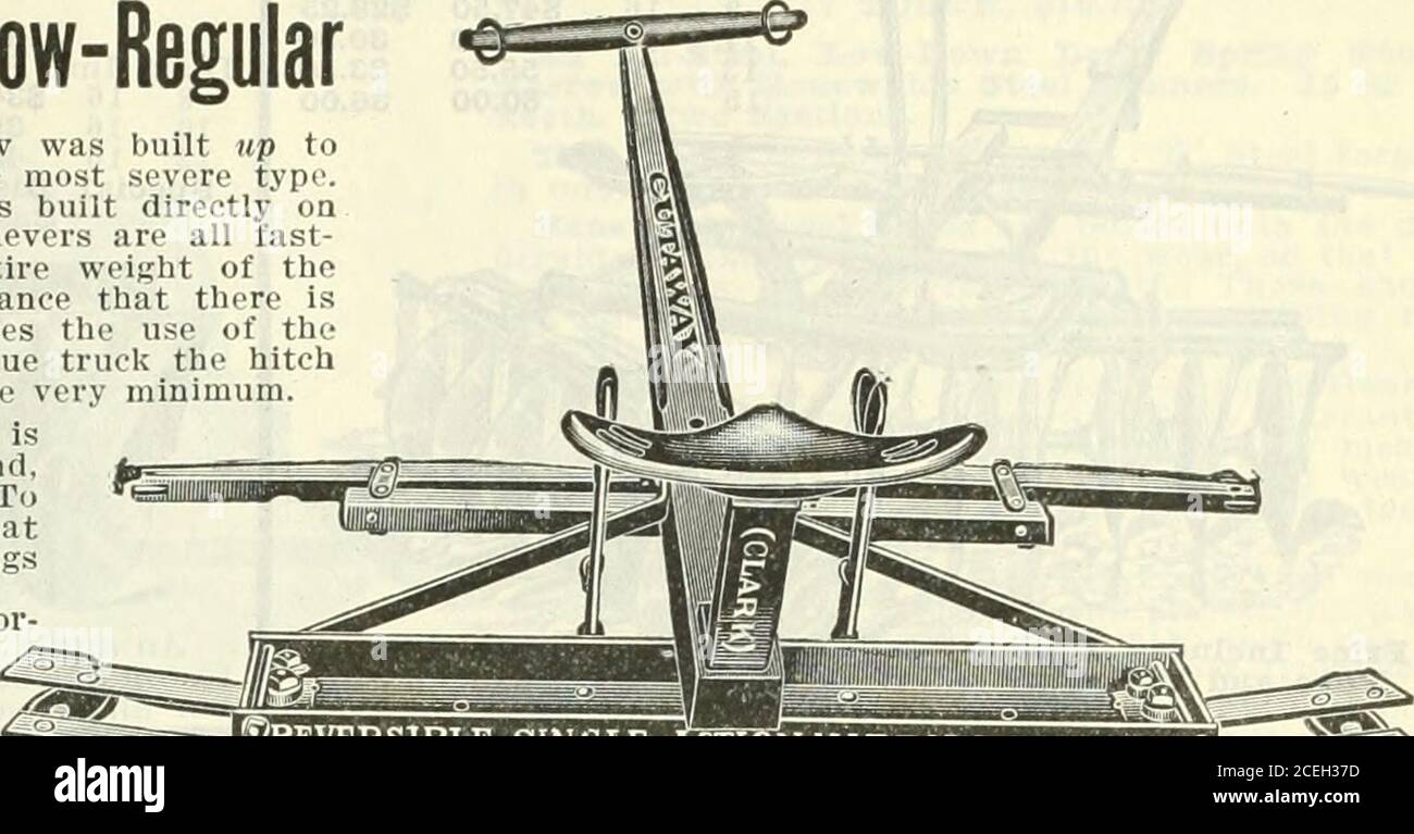 . 1916 Griffith und Turner Co. : Hof und Garten Lieferungen. S wieder in der Nähe der Maschine platziert und **dh Tiefgang ist das sehr Minimum. Die CUT.VWAY (Cl.RK( Single- Action Harrow) ist reversibel; das heißt. Die Banden können Ende für Ende geschwenkt werden, so dass der Boden entweder aus- oder eingeschleudert werden kann. Toreverse, es ist nur notwendig, die Splinte zu ziehen, die Tlie Hebelglieder, lassen Sie die Glieder, schwenken Sie die Gangaround und wieder Verbindungen. Anstatt eine schwere Fachwerkkonstruktion für die Gangbanden mit der Zuglinie ATA erheblichen Winkel nach oben zu haben, wird die CUT.VW.VY(CL.RK» Single .ction Harrow gebaut Stockfoto