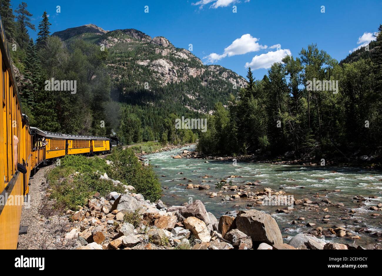 Die Durango und Silverton Schmalspurbahn fährt entlang der Animas Fluss, wie es durch die San Juan Mountains Zwischen Durango und Silver Stockfoto