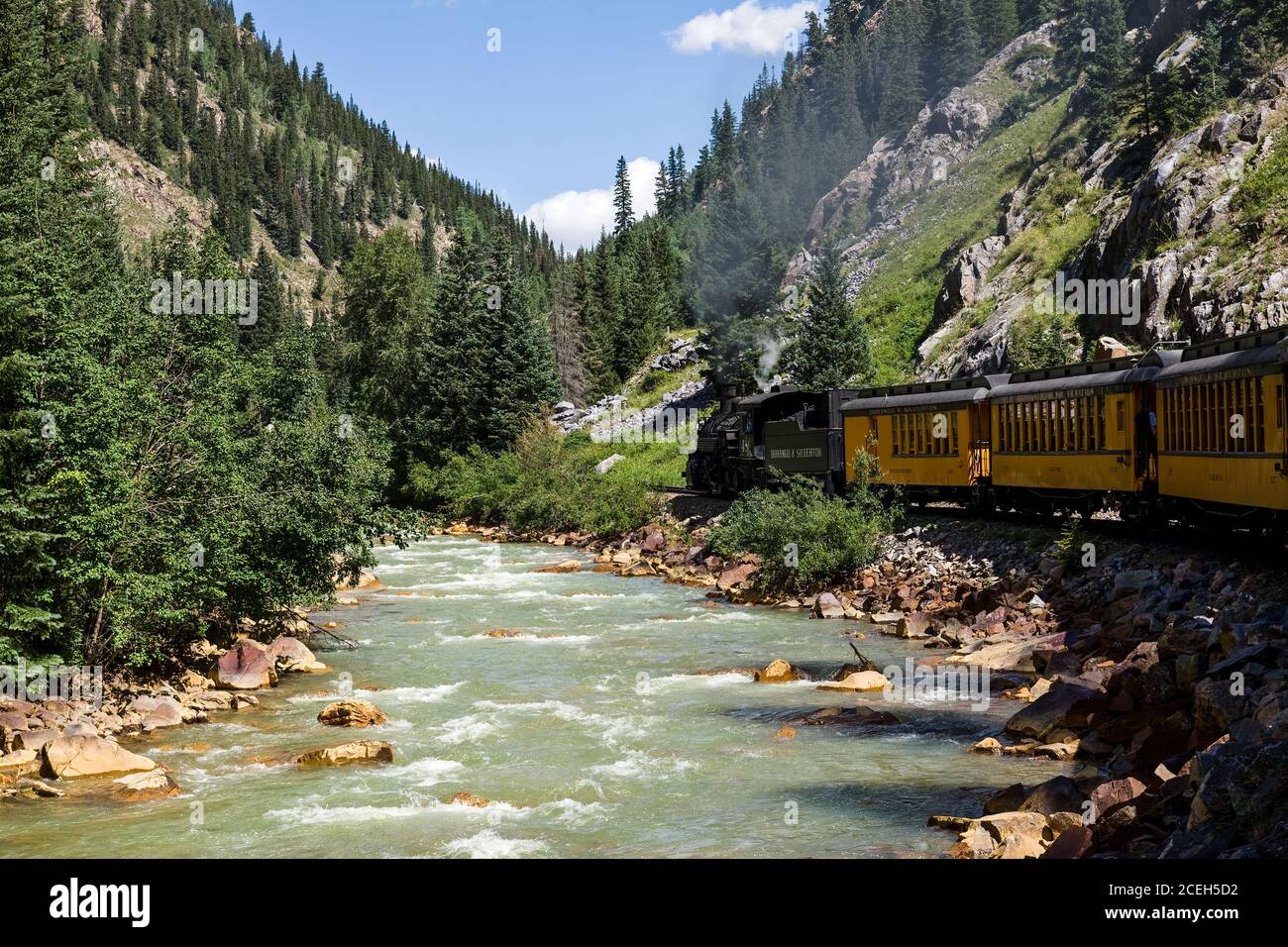 Die Durango und Silverton Schmalspurbahn fährt entlang der Animas Fluss, wie es durch die San Juan Mountains Zwischen Durango und Silver Stockfoto