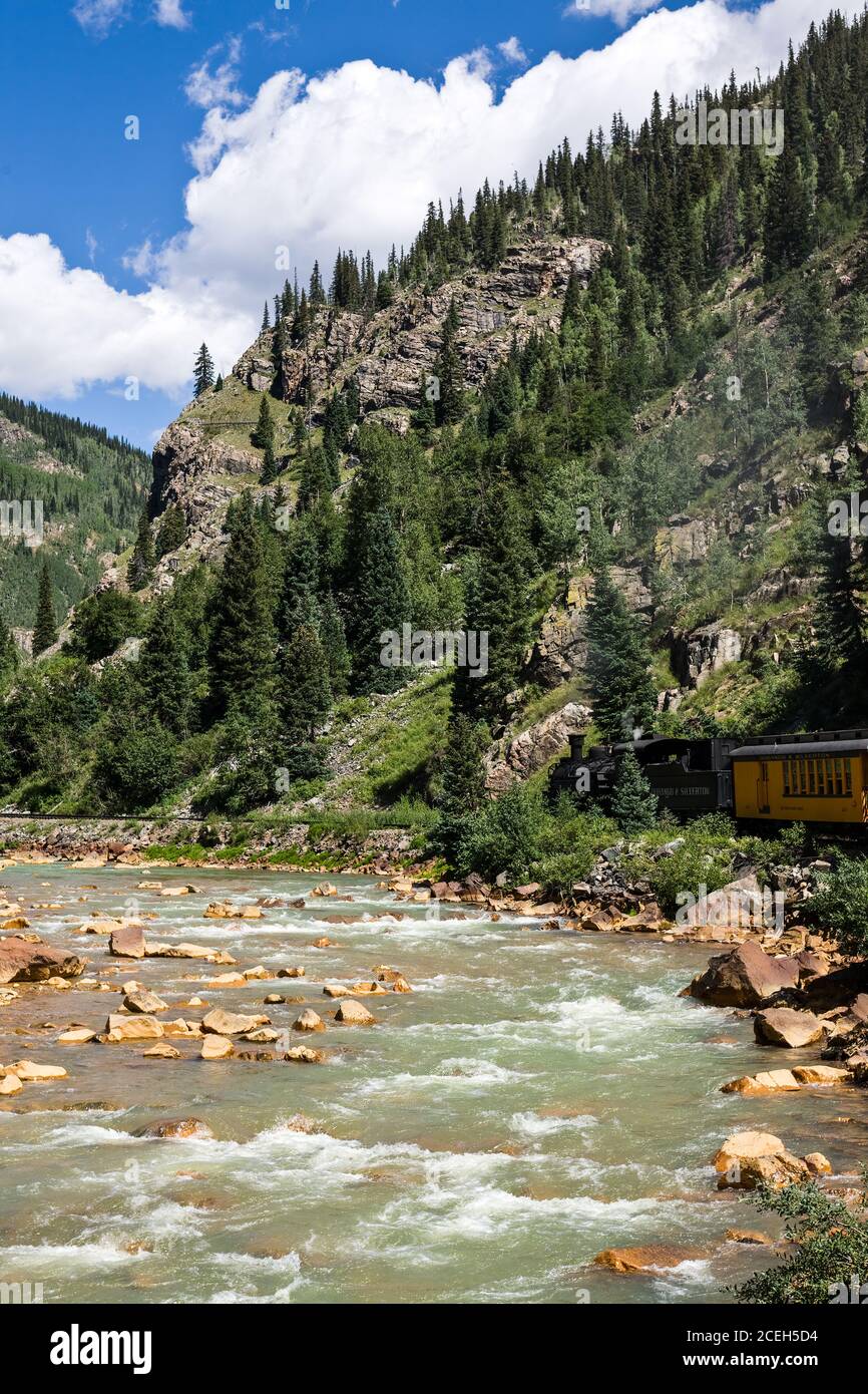 Die Durango und Silverton Schmalspurbahn fährt entlang der Animas Fluss, wie es durch die San Juan Mountains Zwischen Durango und Silver Stockfoto