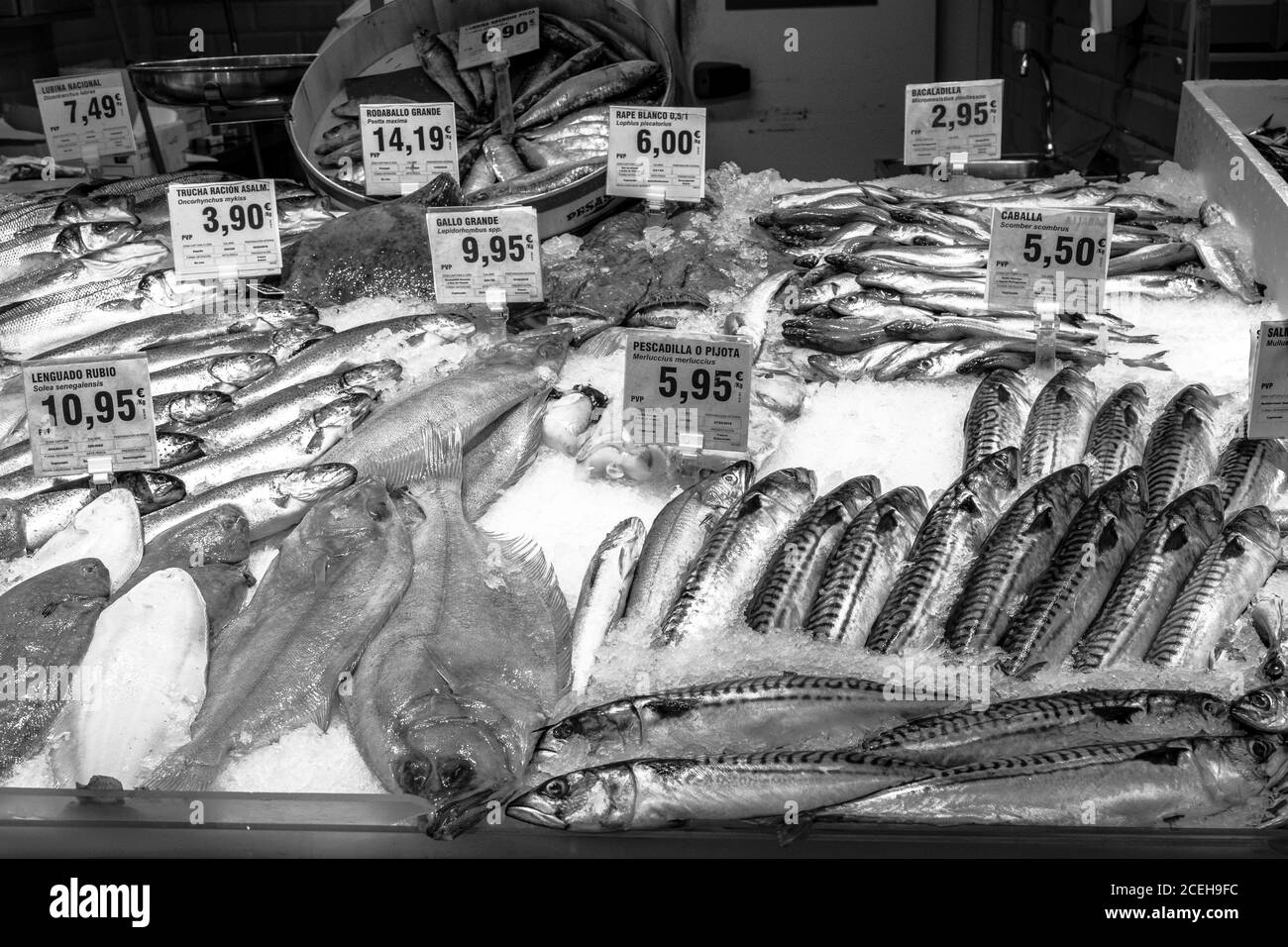 Frischer Fisch zum Verkauf auf einem Markt - Marbella, Spanien - Schwarz-Weiß-Foto Stockfoto
