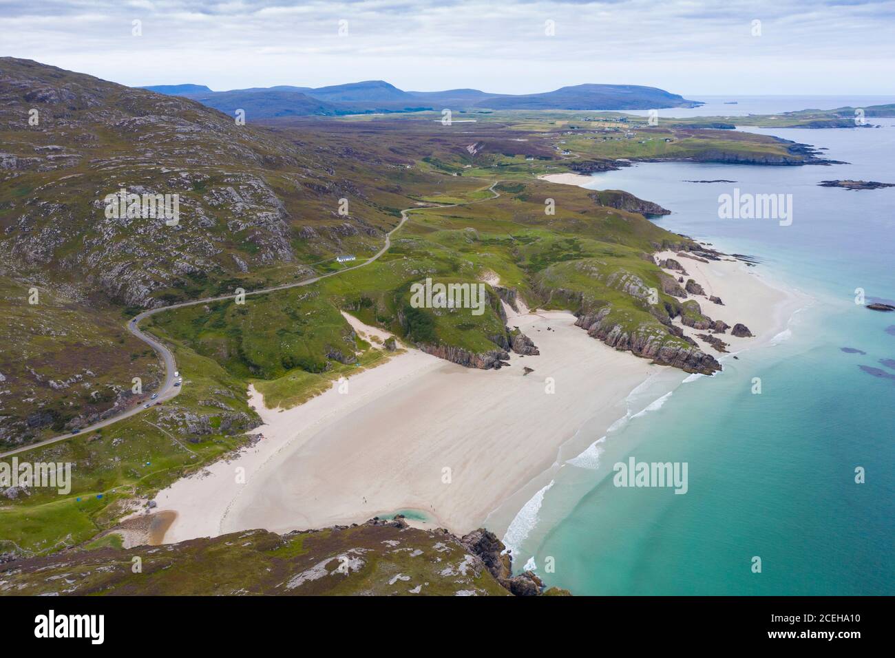 Luftaufnahme von Ceannabeinne Beach in der Nähe von Durness an der Nordküste von Sutherland, Highland Region, Schottland, Großbritannien Stockfoto