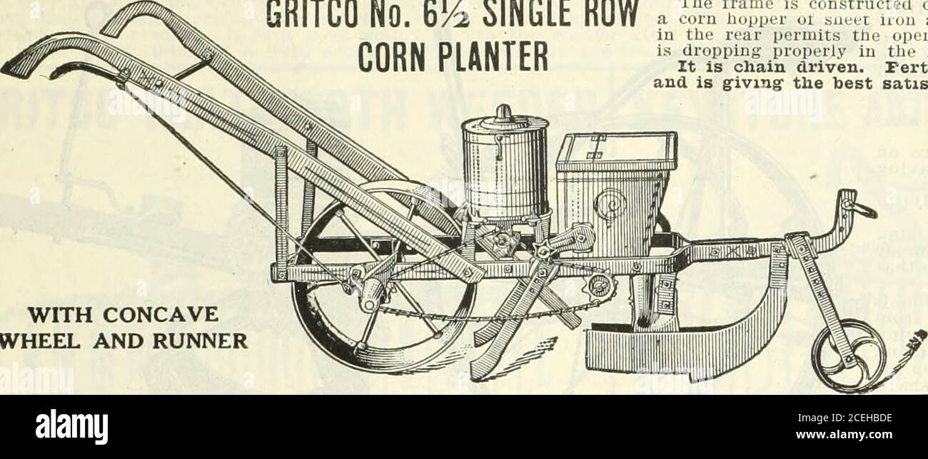 . 1916 Griffith and Turner Co. : Land- und Gartenbedarf. Nr. 2224 Durchm. 22 Zoll 24 Zoll Gewicht, nur Glocke. 122 Pfund. 153 Pfund. (GEMOUNTET) ListWt. Abgeschlossen. Preis.175 pounds225 Pfund. 20.00 € 16.0025.00 20.00 € Tolling Hammer nicht mit Nr. 22 ausgestattet. Bei Möbeln mit Nr. 24, List, 5.00 Dollar; Einzelhandel, 4.00 Dollar. Die Preise oben genannten sind für COMP^BTI: BBXJIiS, und beinhalten Holzschweller und EisenWheel. ^ GRIFFITH (EIN TURNER CO GRITCO EINREIHIGE MAISPFLANZER GRITCO NO. 6^^ EINREIHIGER ROWCORN-PFLANZER. MIT CONCAVEWEEL UND RUNNER ist der Rahmen- aus schwerem Stahl gefertigt, und wir furuisli es mit einem Mais li Stockfoto