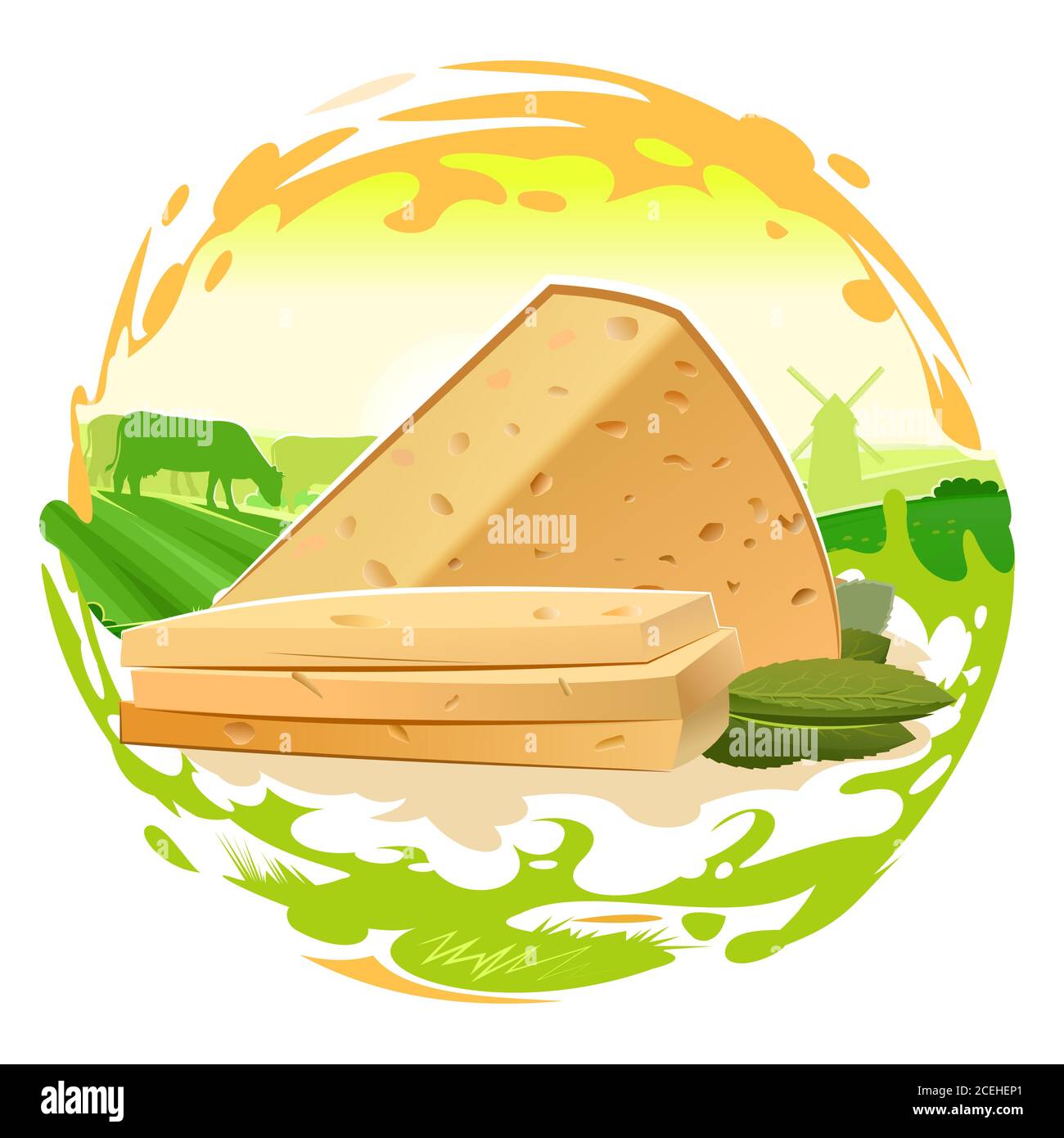 Hartmilchkäse. Ländliche Landschaft mit Sonne, Himmel, Gras, Hügeln und Kühen. Eine Streuung von fließender Milch. Vektor auf weißem Hintergrund isoliert. Stock Vektor