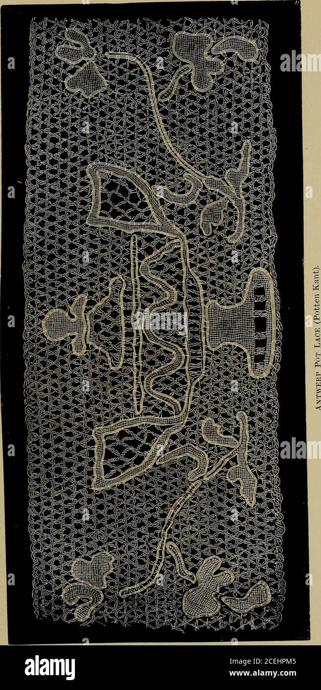 . Geschichte der Spitze. Eine Frau von Antwkri.-(Ub. 1598. Nach (.lispiii de Passe.) Vase (Abb. 64), variiert nach Lust und Laune.^^ Antwerpen macht jetzt Brüsseler Spitze. Eines der frühesten Musterbücher, das l)y vor-.sterman ^^ – den englischen Titel – druckte, erschien in Antwerpen, enthält aber nur Muster für spanische Stiche und andere•eml)roidery – keine Spitze. Auf der Titelseite, die mit sechs Holzschnitten geschmückt ist, die •- Mercure Galant, 1696 darstellen, ist kein Datum angebracht. ^ der Blumentopf war ein Symbol der Aniiimciation. In den frühen Abwesenheitszeiten des Erscheinens des Engels Gabriel an die Jungfrau Stockfoto