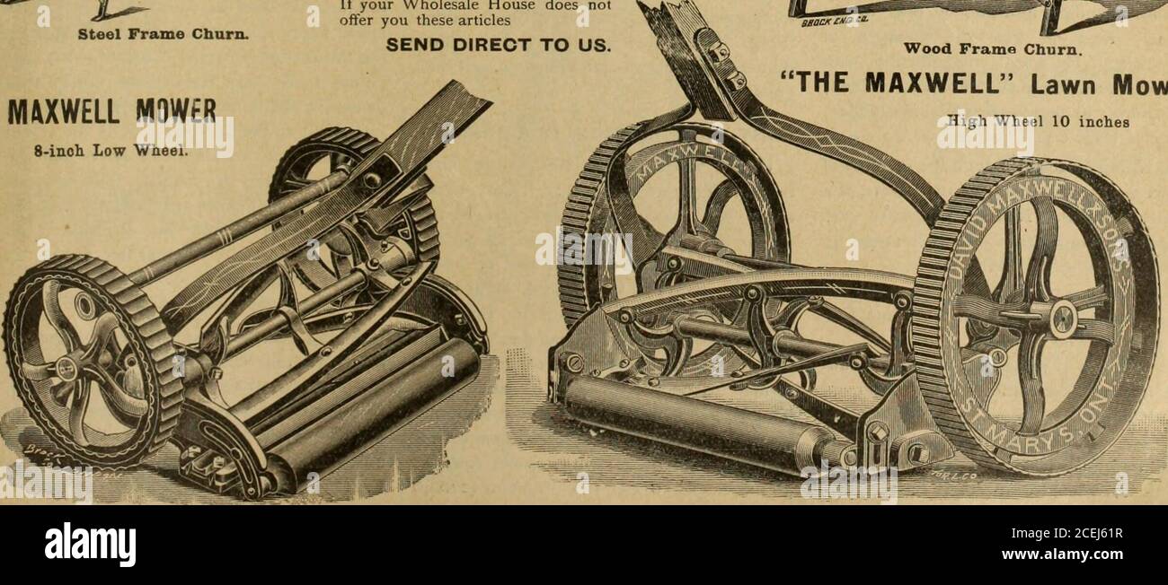 . Hardware-Merchandising Januar bis Juni 1900. Holzrahmen Abwühlen. MAXWELL MÄHER 8-Zoll-Niederrad. HE MAXWELL Lawn Mower High Wheel 10 Zoll. 28 KANADISCHE HARDWARE UND METALL ÜBER eine 150-FUSS-TREPPE AM AWHEEL PROFESSOR KILPATRICK begeistert zweimal täglich ein Publikum, indem er mit dem Fahrrad eine 150 Meter lange Treppe hinunterfährt, ohne ihm den Hals zu brechen, und damit der New Yorker Sunday World entspricht.Er hat nur ein Bein. Sein Kunststück suggeriertdie Idee, dass er, wenn er zwei Beine hatte, einen der Kirchtürme auf der St. Patricks Kathedrale hinunterlegt und in Fifthallee landet. Der Anblick dieses seltsamen Rennens erinnert an Jacobs Ladder. Richtig Stockfoto