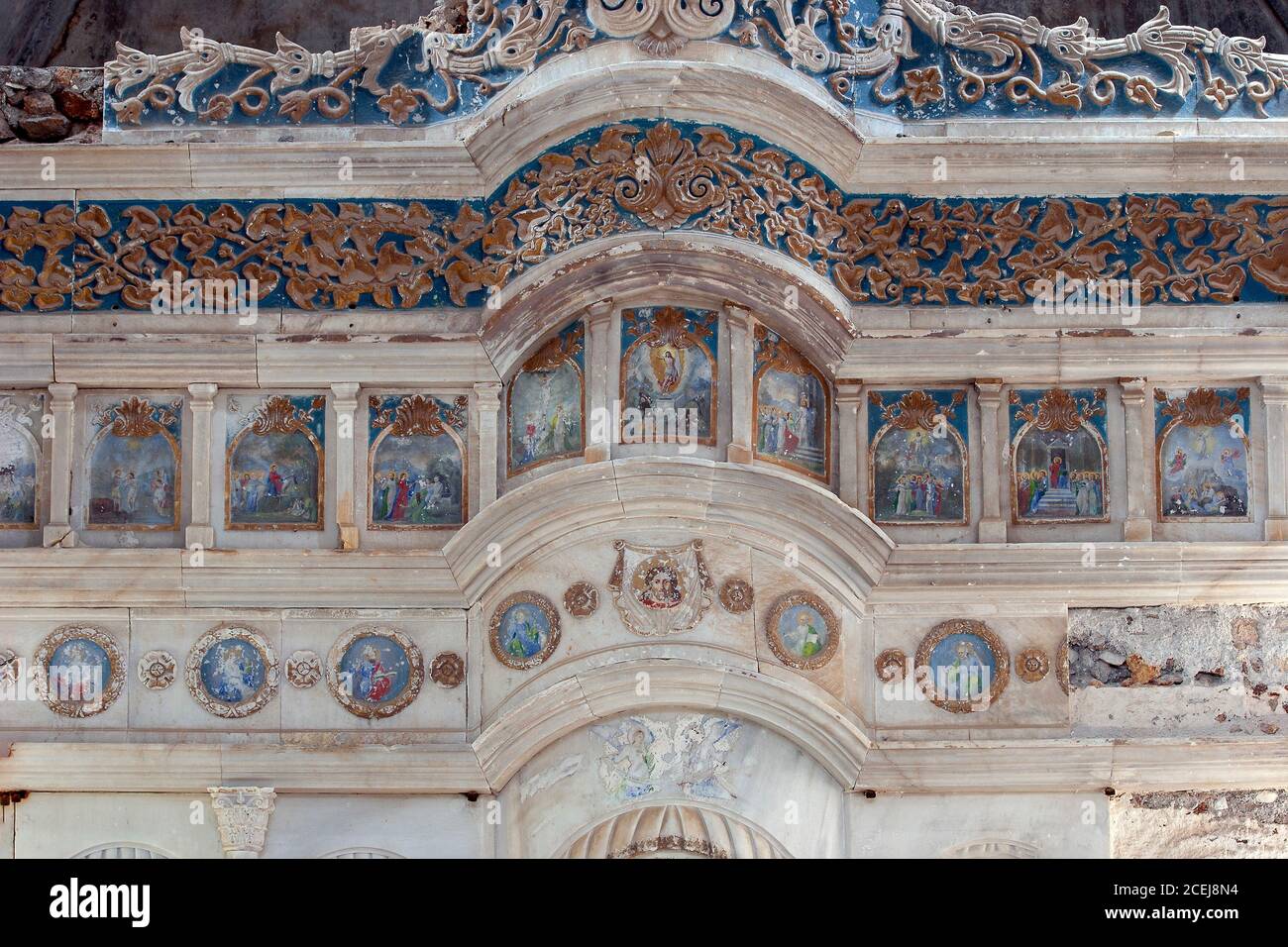 Griechisch-orthodoxe Kirche im Dorf Kayaköy, in Fethiye, Türkei verlassen Stockfoto